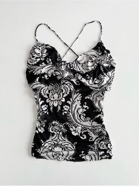 Marciano Y2K Babydoll Twist Bodice 100% Silk Cami Tank Top in Black & White, XS